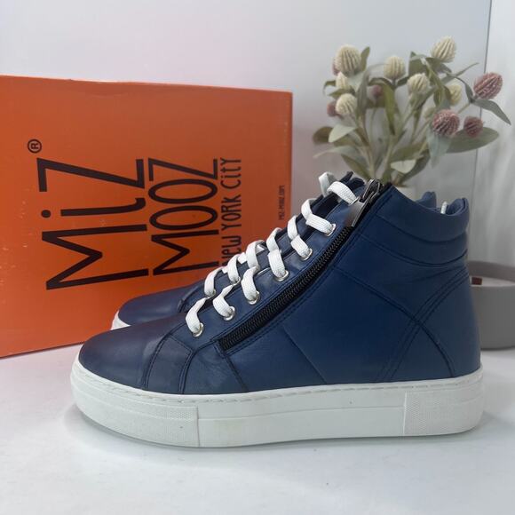 Miz Mooz Mosley Side Zip High Top Leather Sneaker Denim Women EU 38/7.5 NWB FLAW - Picture 1 of 12